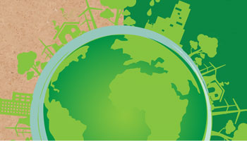 Designed graphic depicting the earth with buildings and trees surrounding it