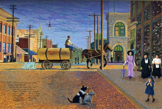 Painted mural based of a portrait of a downtown Red Deer street in 1912. Women are fancily dressed with parasols and a horse and watering car passes down the street.