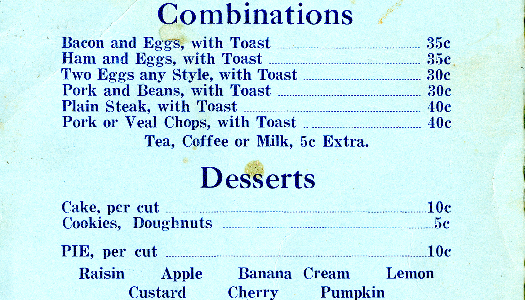 Blue Derby Café menu, 1943