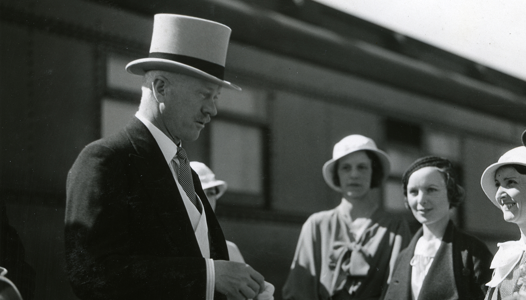 The Earl of Bessborough, Governor General of Canada, being greeted at the railway station in Edmonton, AB, 1933