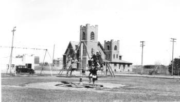 Red Deer Archives, P5686; Playground in front of Methodist Church, ca. 1945