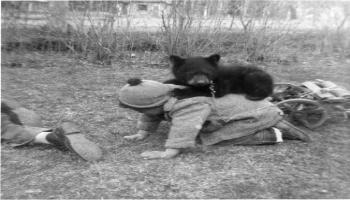 Red Deer Archives, P5688; Tommy with a bear cub, 1924