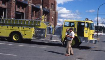 Red Deer Archives, S2926; Red Deer fire engine outside the fire hall, 1980