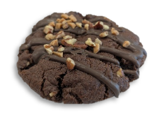 Colour photo of a chocolate cookie with nuts and chocolate swirls on top