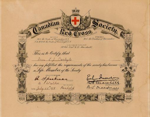 Red Deer Archives, K7785; Lifetime membership certificate for the Canadian Red Cross Society, issued to Mrs. T.J. Carlyle, Penhold, Alberta branch, July 25, 1918