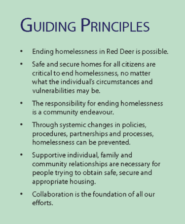 Guiding principles for ending homelessness in Red Deer as outlined in Red Deer's 5 Year Plan to End Homelessness 2014 to 2018.
