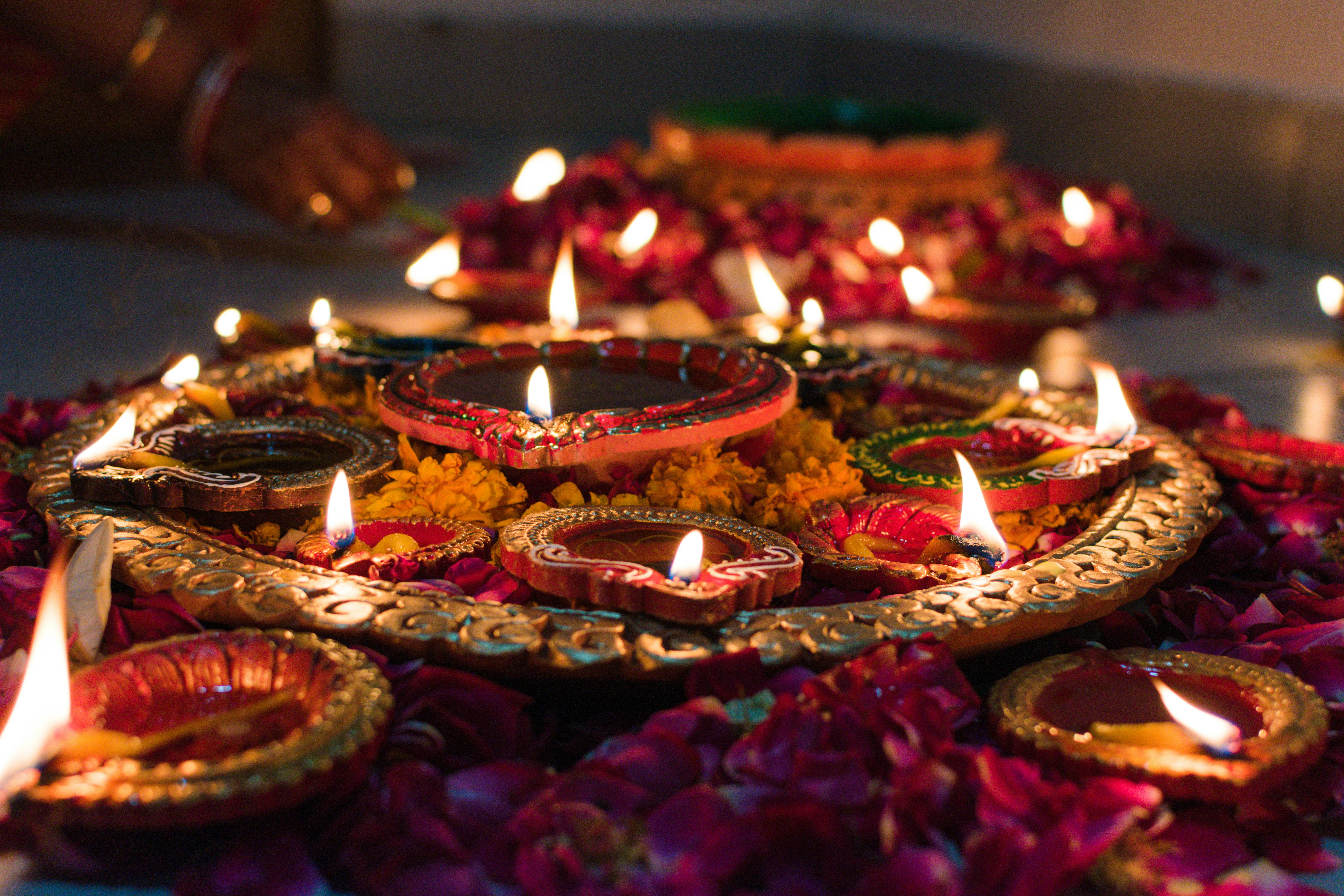 Several clay lanterns, known as diyas, are lit as part of Diwali celebrations.