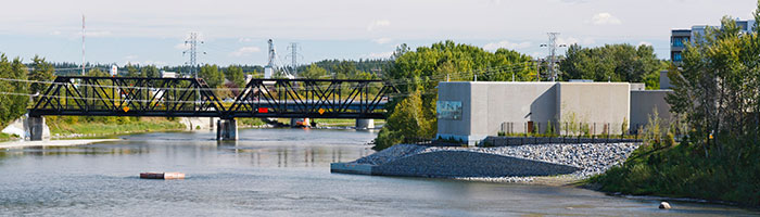 A panoramic view of the water treatment plant and Red Deer River