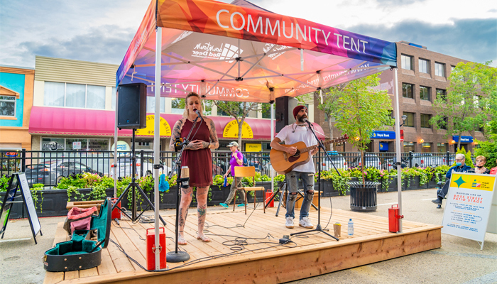 A stage featuring live music on Ross Street Patio in downtown Red Deer