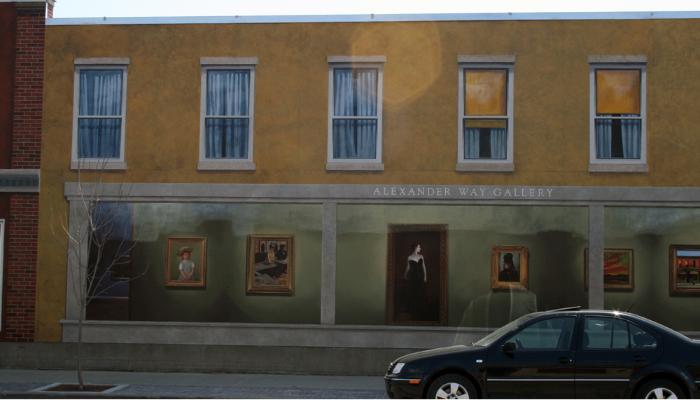 Painted mural on an exterial wall of a building that depcits a store front with apartment windows above.