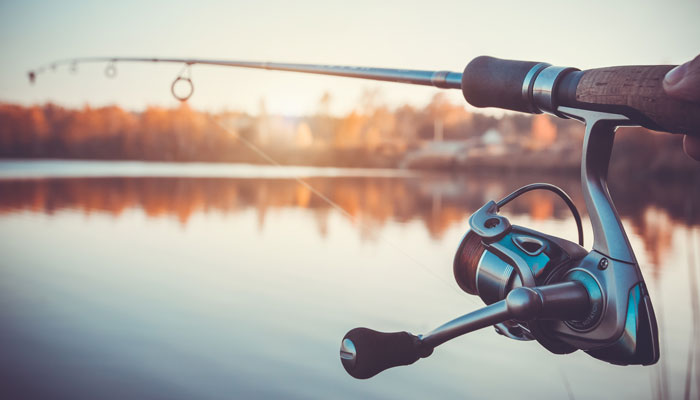 Photo of a fishing rod with a lake in the background