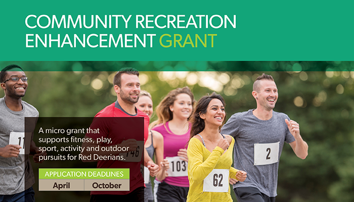 Image of a group of runners with information promoting the Community Recreation Enhancement Grant in boxes around the runners